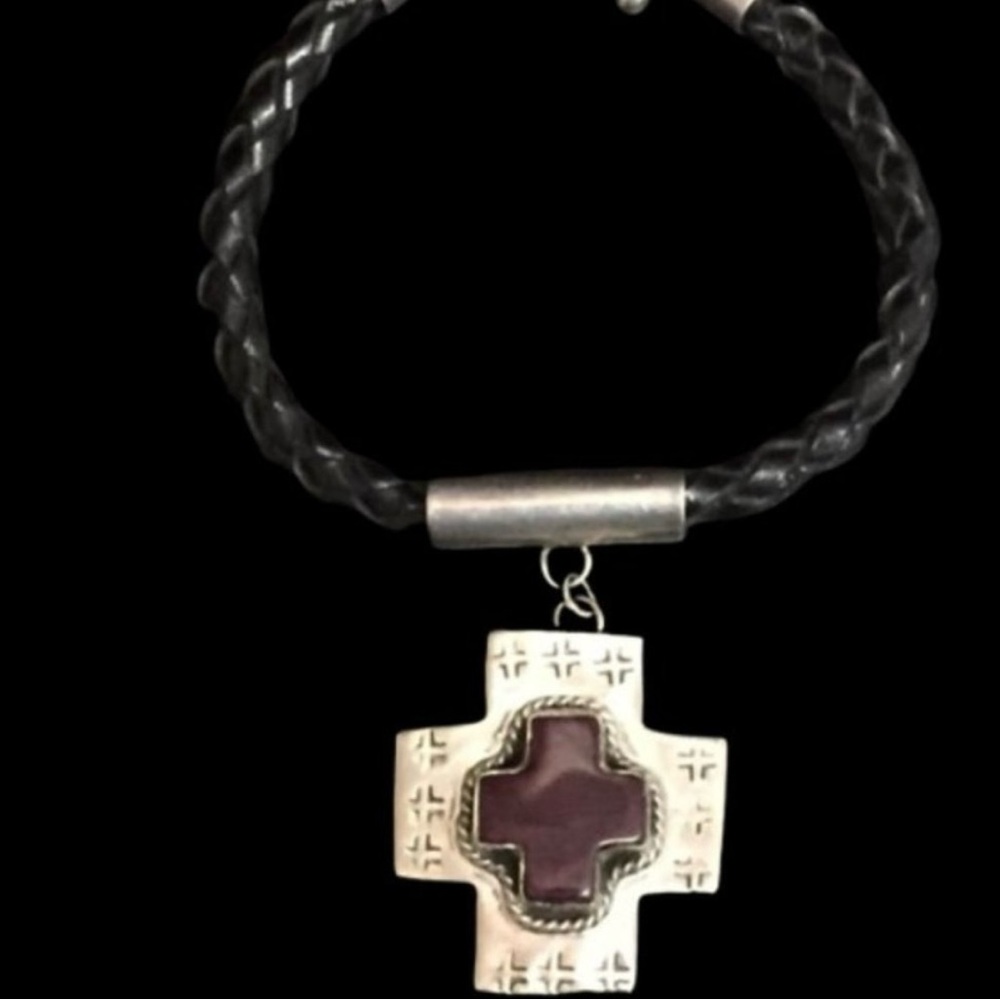 Vintage Braided Leather Sterling Sugalite Cross Bracelet